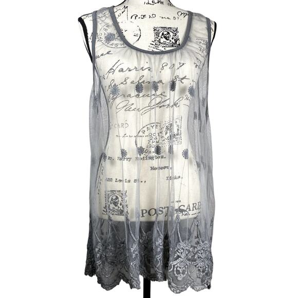 Catalog Classics Sz 2X Sheer Sleeveless Embroidered Lace Mesh Tunic Gray Coverup - Picture 1 of 7